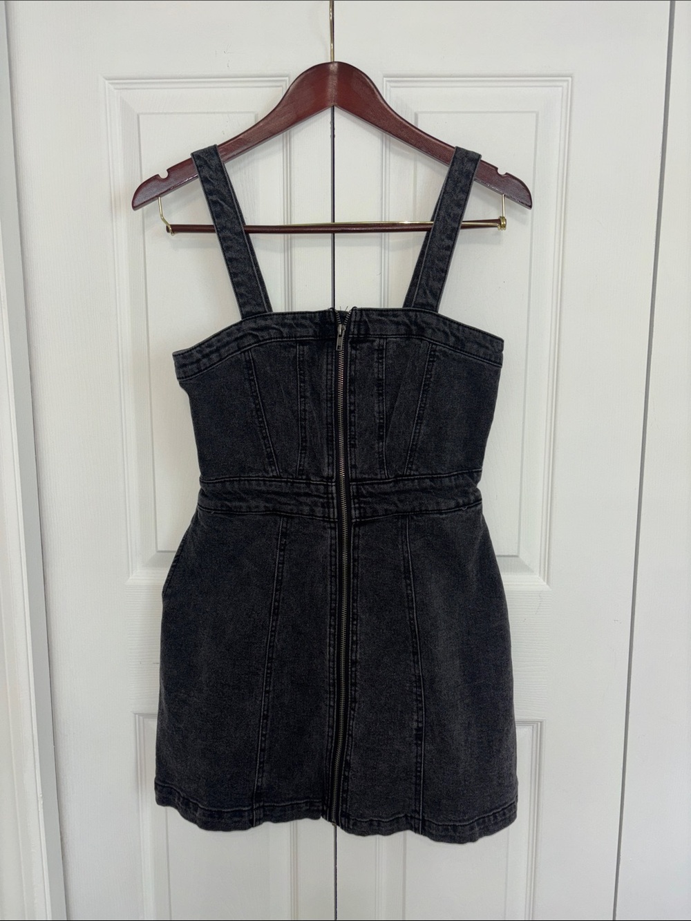 Wild Fable Fitted Black Denim Zip-Front Mini Dress with Wide Straps